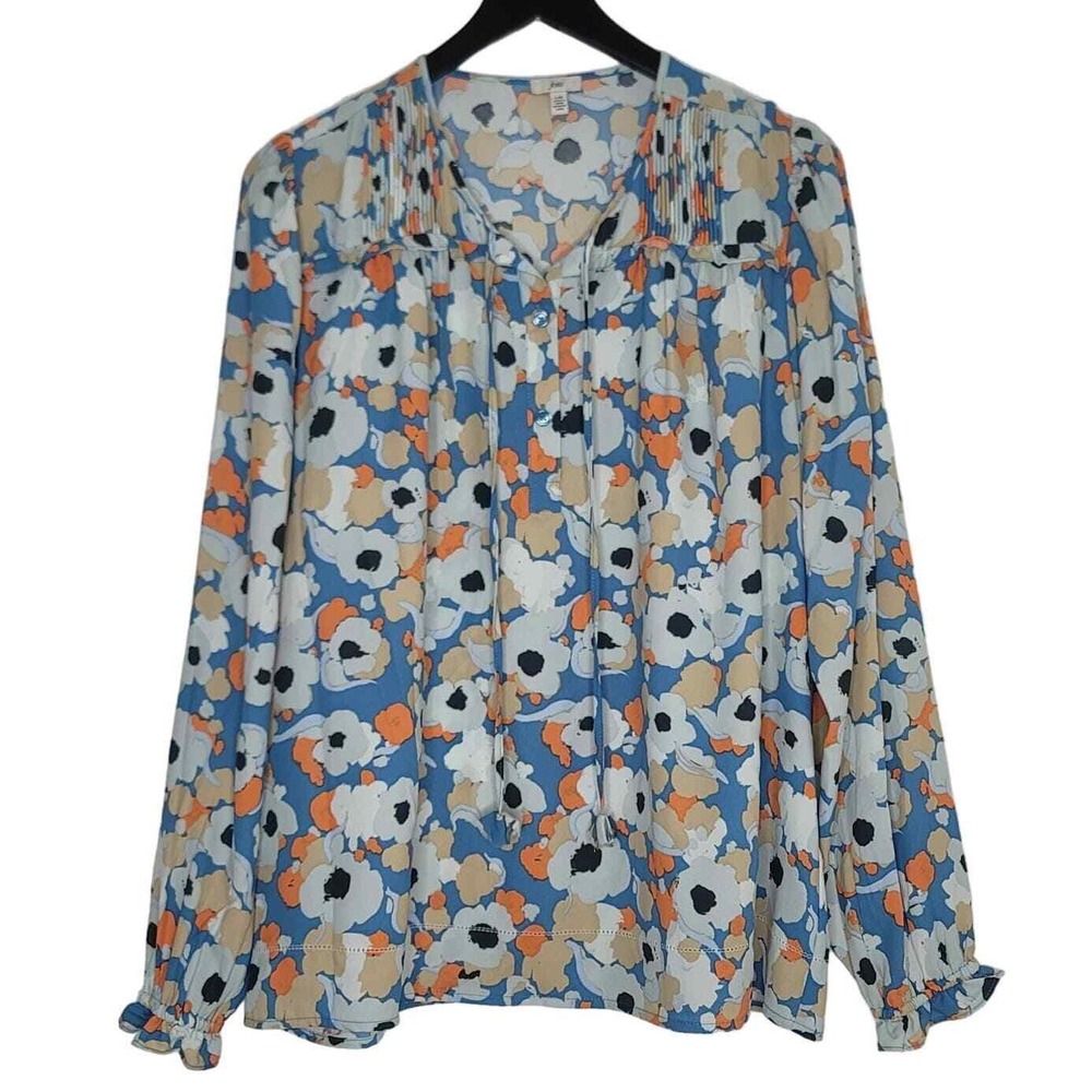 Joie Floral Long Sleeve Blouse Multicolor Split Tie Neck Preppy‎ Ruffle Cuff L